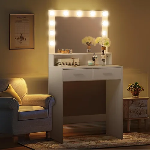 Miniatura 7 de MIRROTOWEL Escritorio de tocador con espejo y luces, tocador con cajón grande, cómoda de almacenamiento de 2 niveles y 3 modos de iluminación