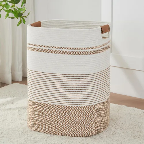 Miniatura 25 de AINUOQI Cesta de Ropa Sucia Grande Cesta de Lavandería con Asas de Cuero, Cesta de Almacenamiento Decorativa de Cuerda de Algodón Tejida para Yute