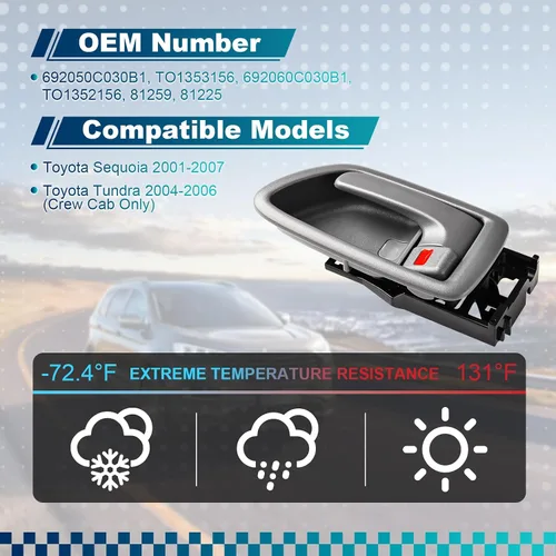 Miniatura 2 de Manijas de puerta interiores grises para Toyota Sequoia 2001-2007, para Toyota Tundra 2004-2006 (solo cabina doble), conductor delantero trasero