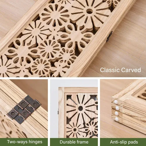Miniatura 2 de Panel divisor de madera plegable, pantalla de privacidad tallada en margaritas de 67 pulgadas de alto, no requiere montaje, partición decorativa