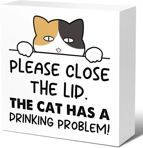 Miniatura 12 de LVQHI Divertidos carteles de madera para baño, decoración de escritorio de baño, decoración de escritorio de baño, cierre la tapa, el gato tiene un
