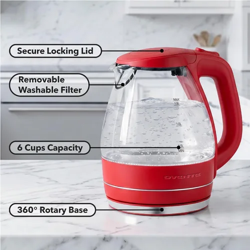 Miniatura 2 de OVENTE Hervidor Eléctrico, 1.5L de Vidrio de Borosilicato para Encimera, Calentador y Hervidor de Agua para Café o Té, Libre de BPA, Apagado Rojo