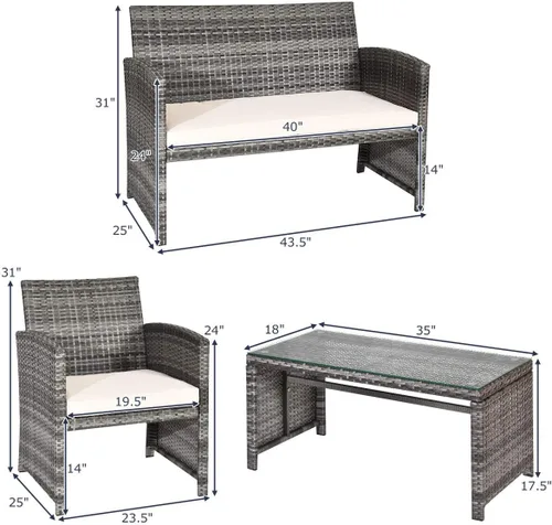 Miniatura 5 de Tangkula Juego de 4 piezas de mimbre para patio, sofás de ratán al aire libre con juego de mesa, juego de muebles de patio con cojines suaves y mesa