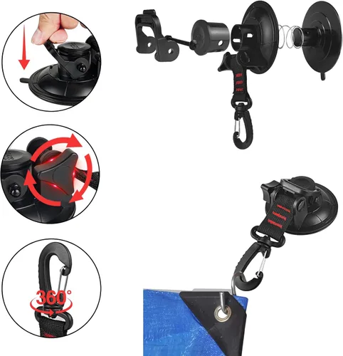 Miniatura 6 de Vashly Ventosa resistente, 6 ventosas fuertes con ganchos y 6 clips de lona, agarre de bloqueo para automóvil, toldo, barco, campamento