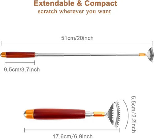 Miniatura 4 de Rascador de espalda para mujeres, hombres y adultos, extensible con bola de rodillo, mango de madera maciza y garra de acero inoxidable 304 Rojo