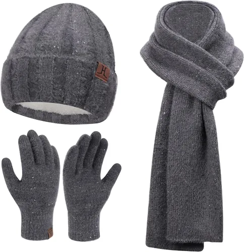 FZ FANTASTIC ZONE Womens Winter Warm Knit Beanie Hats Gloves Touchscreen Long Scarf Set Skull Cap with Fleece Gifts for Women