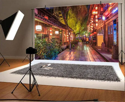 Yeele Telón de fondo de estilo chino de 10 x 8 pies, vista nocturna de la ciudad antigua, fondo de linterna de callejón antiguo para fotografía,