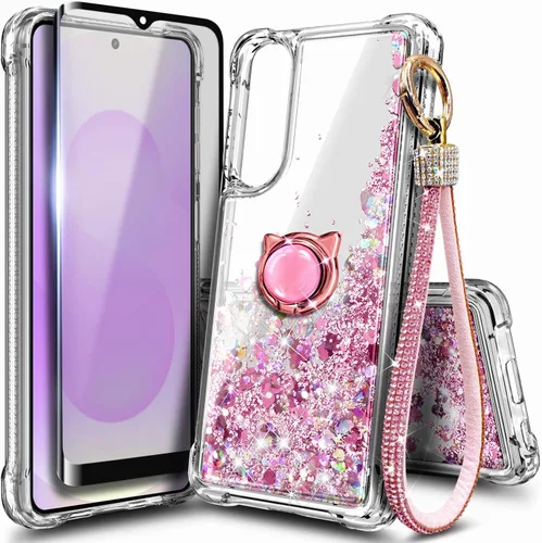 Miniatura 12 de Funda compatible con Samsung Galaxy S24-FE Aqua/Purple Funda líquida flotante con purpurina linda con protector de pantalla de vidrio templado