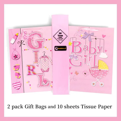 Miniatura 4 de Golden J Store Bolsas de regalo extra grandes de 16.5 pulgadas con papel de seda para baby showers, paquete de 2 (rosa)