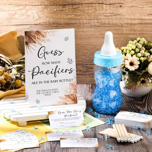 Miniatura 4 de Roowest 512 piezas de juegos de baby shower Cartel de Adivina Cuántos Chupetes 100 pequeños juegos de adivinanzas, 10 lápices HB, botella de leche