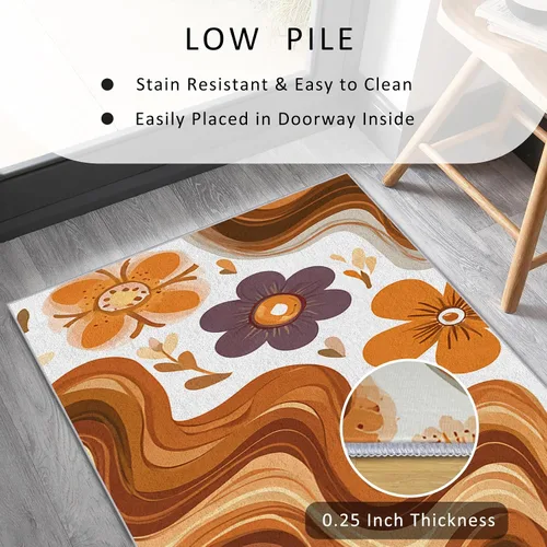 Miniatura 4 de Alfombra de pasillo de 2 x 4 pulgadas, tamaño pequeño, diseño floral retro de los años 70, antideslizante, lavable, alfombra de decoración del hogar