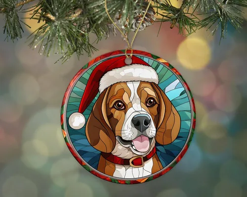 Beagle - Adorno de cerámica con vitrales de Navidad, adorno colgante para árbol de Navidad, regalo religioso para cristianos impreso en ambos lados