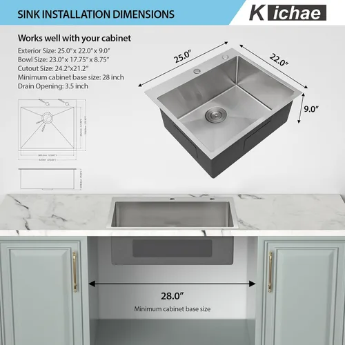 Miniatura 7 de Kichae - Fregadero de cocina de 25 pulgadas de caída, fregadero de cocina de acero inoxidable de 25x22, calibre 16, fregadero de cocina de un solo