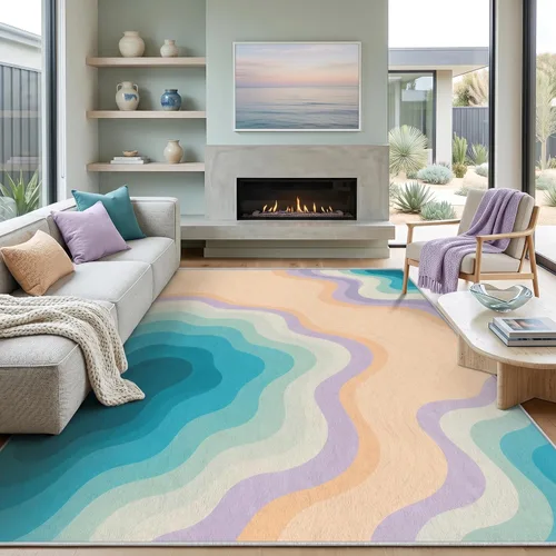 Abstract Mid Century Rug 2x3 ft, Teal Aqua Contour Wave Washable Area Rug, Soft Low Pile Non Slip Modern Rug for Living Room Bedroom Dining Room