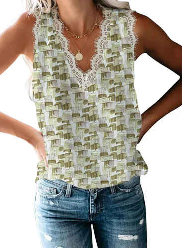 Miniatura 253 de VIISHOW - Camiseta sin mangas, sexy, con cuello en V y bordes de encaje para mujer, camisola de vestir, camisas de gasa, sin mangas, casuales