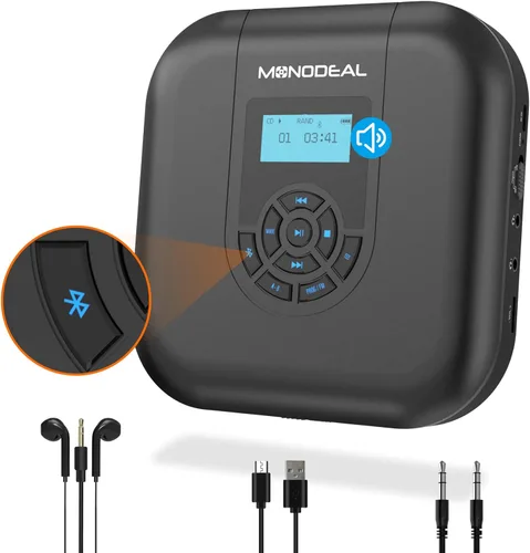 Reproductor de CD portátil, reproductor de CD Bluetooth MONODEAL con altavoces y transmisor FM, reproductor recargable de 1800 mAh para automóvil y