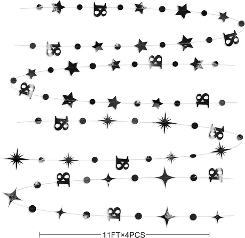 Miniatura 2 de Decoración de cumpleaños número 18 en negro, número 18 con punto circular, guirnalda de estrellas centelleantes, banderines de serpentina metálica