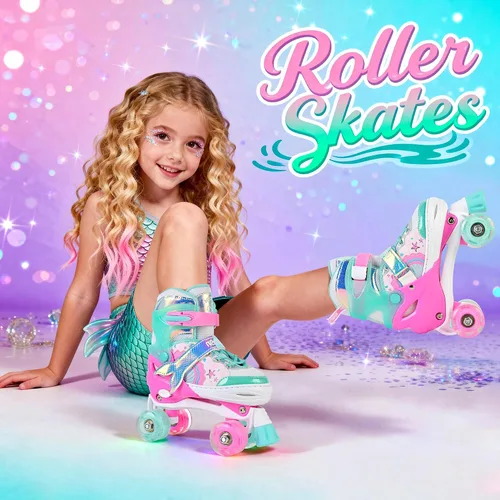 Miniatura 6 de NEMONE - Patines de sirena con ruedas iluminadas y 4 tamaños ajustables para niñas, azul y morado, para niños pequeños, para principiantes, de C