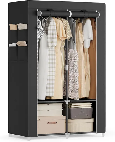 SONGMICS Armario portátil, Organizador de armario con cubierta, 2 barras para colgar y estantes, 4 bolsillos laterales, 33.9 x 17.7 x 65.7 pulgadas,
