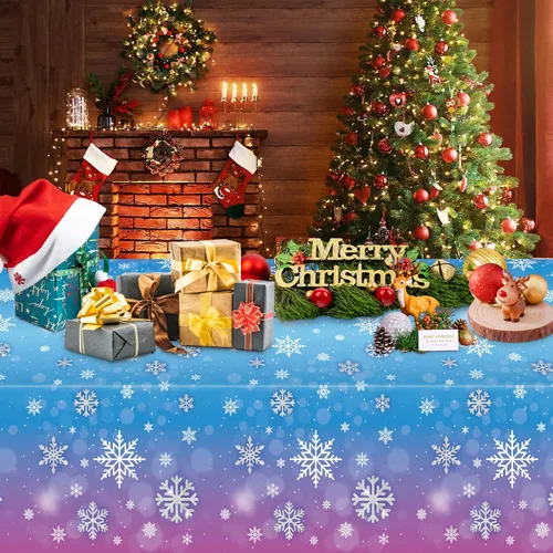 Miniatura 7 de 3 manteles de invierno con copos de nieve – Mantel de plástico de Frozen Wonderland desechable, rectangular, copos de nieve para suministros