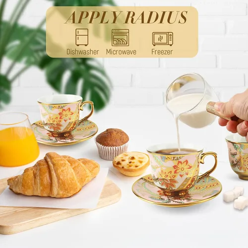 Miniatura 5 de Juego de 6 tazas de té y platillos, juego de té floral vintage de porcelana para expreso, café, moca, capuchino, fiesta de té de la tarde