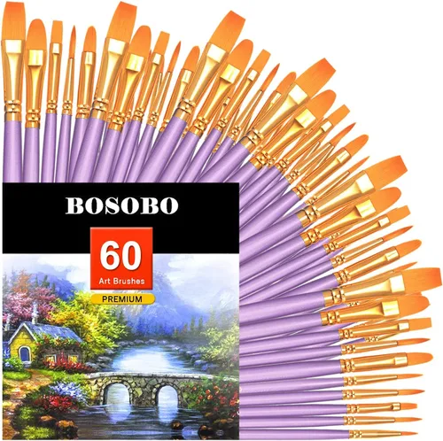 Miniatura 12 de BOSOBO Juego de 6 pinceles de pintura, 60 pinceles de punta redonda puntiaguda, pinceles de nailon para artistas del cabello acrílicos para aceite