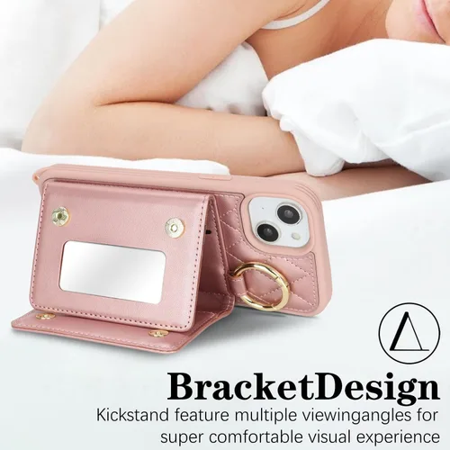 Miniatura 4 de Funda para iPhone 14 Plus con tarjetero y correa para mujer, cordón cruzado, espejo de maquillaje, soporte de anillo, cierre a presión, bonitas Rosa