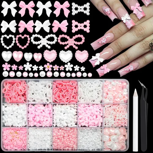 RODAKY 1000 dijes de uñas con lazo, lazo rosa y blanco, corazón, estrella, coqueta, decoración de uñas, cuentas de perlas con parte trasera plana,