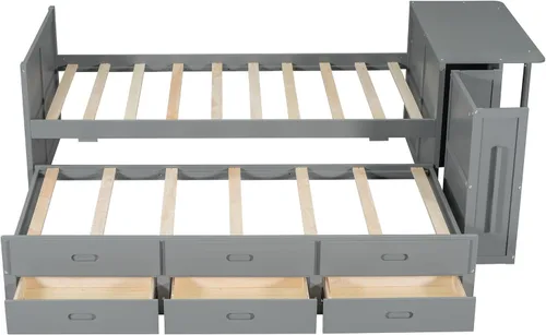 Miniatura 6 de Cama de plataforma de tamaño individual con nido y 3 cajones, escritorio pequeño, cama individual con gabinete extraíble y estantes
