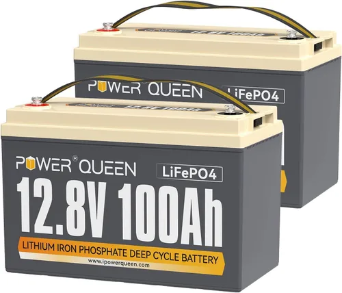 Power Queen Paquete de 2 baterías LiFePO4 de 12 V 100 Ah, BMS integrado de 100 A, batería de litio de 2560 Wh, hasta 15000 ciclos, soporte en
