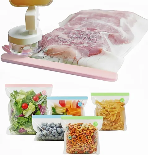 Bolsas reutilizables de sellado al vacío, paquete de 6 – Bolsas de vacío y congelador sin BPA con sellador al vacío de mano más pequeño del mundo,