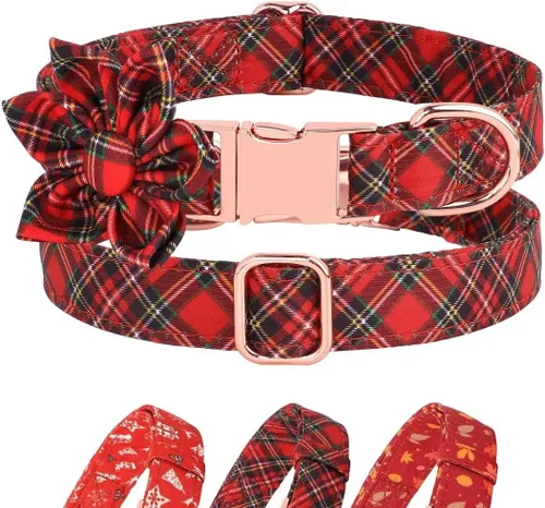 Miniatura 2 de Collar de perro de Navidad lindo de Beirui para hembra con flor, collares de Navidad para perritas con patrones navideños, collar suave rojo