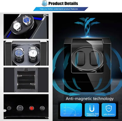 Miniatura 5 de NEWTRY Bobinadora automática de relojes dobles con motor silencioso de luz azul para relojes, adaptador de CA o funciona con pilas, para hombres