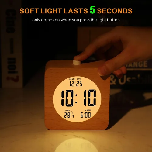 Miniatura 2 de Plumeet Reloj Despertador Digital de Madera para Dormitorios, Reloj Despertador de Madera de 4'' a Batería con Repetición y Luz Nocturna, Reloj