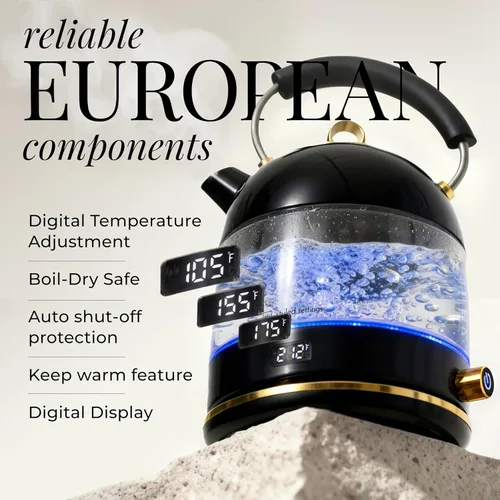 Miniatura 3 de Hervidor eléctrico de vidrio, sin plástico, acero inoxidable, apagado automático y función de mantener el calor, tetera negra y dorada con control