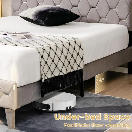 Miniatura 7 de KOMFOTT Base de cama matrimonial tapizada con cabecera de almacenamiento, base de cama de plataforma con estantes abiertos y espacio