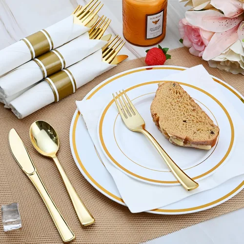 Miniatura 4 de Juego de cubiertos de plástico dorado preenrollado, paquete de 300 cubiertos de plástico envueltos con servilletas, tenedores, cuchillos y cucharas