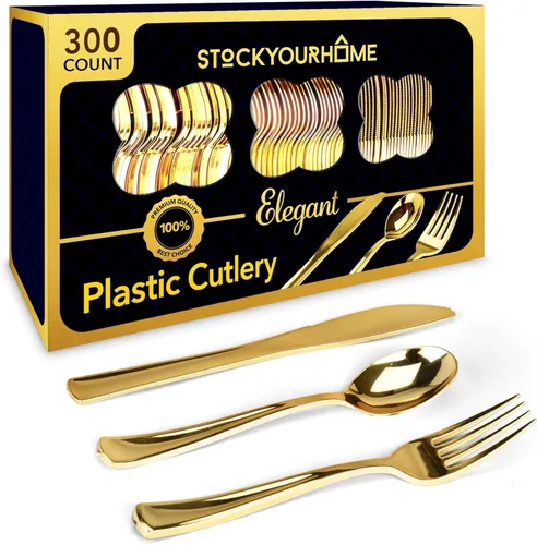 Miniatura 18 de Juego de cubiertos de plástico resistente (dorado) de 75 piezas, juego de cubiertos desechables, ideal para fiestas, bodas y catering, cubiertos