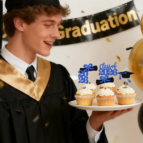 Miniatura 7 de 36 piezas 2026 decoraciones temáticas de graduación 2026 con purpurina para la clase de 2026 para graduación, diploma de graduación 2026, Azul