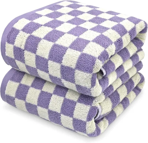 Miniatura 13 de Jacquotha Juego de 4 toallas de baño a cuadros 100% algodón para baño, ducha, piscina y playa (morado, amarillo, verde, naranja), 520 GSM