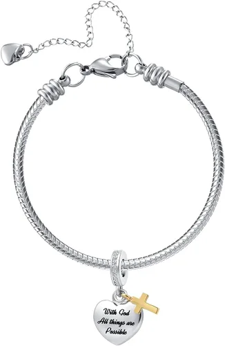 Miniatura 2 de Dijes religiosos de cruz de corazón de Navidad compatibles con pulsera Pandora y collar para mujeres con Dios, todo es posible, Cristal, Base