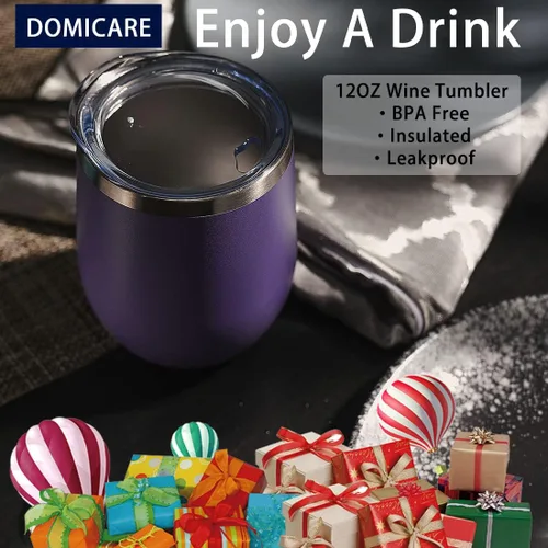 Miniatura 6 de DOMICARE - Vaso de vino de 12 onzas con tapa, hecho de acero inoxidable con aislamiento al vacío de doble pared, paquete de 1 unidad, color morado