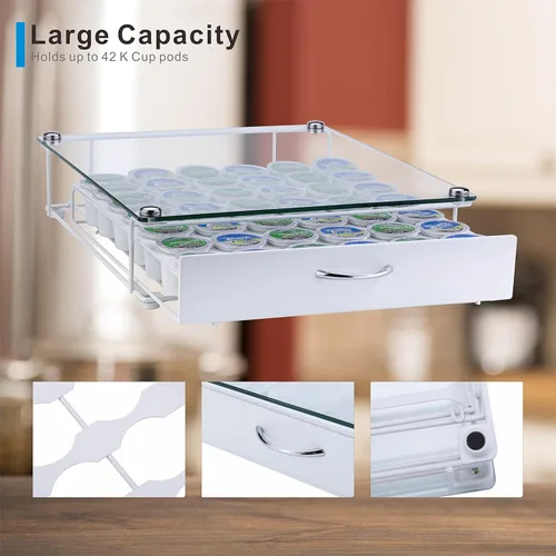 Miniatura 4 de K Cup Pod Holde - Cajón superior de vidrio, soporte para cápsulas de café, compatible con almacenamiento de cápsulas, 42 K Cup (blanco)