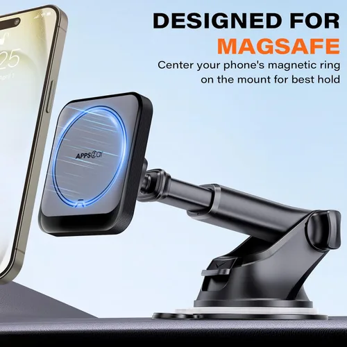 Miniatura 7 de APPS2Car Soporte magnético para teléfono MagSafe para automóvil con ventosa, 17 imanes fuertes y brazo ajustable, soporte de teléfono para tablero