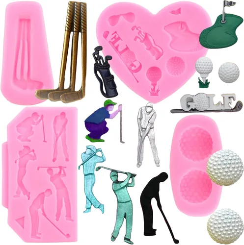 Zixiang Moldes de silicona para golf, bolas de golf, molde de fondant, molde de club de golf para decoración de pasteles, decoración de cupcakes,