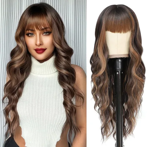 Miniatura 12 de NAYOO Pelucas marrones con flequillo para mujer, pelucas de cabello largo y ondulado, resistentes al calor, pelucas de fibra sintética para uso
