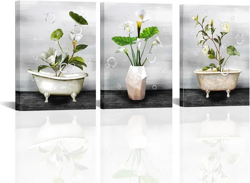 LoveHouse Imágenes de baño para pared gris y blanco bañera fotos flores vintage decoración de baño lienzo cuadros para baños