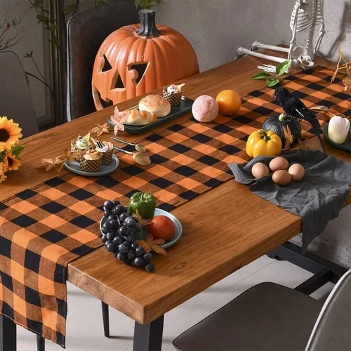 Miniatura 3 de Tosewever Camino de mesa a cuadros de búfalo de Halloween, mezcla de algodón y poliéster, clásico camino de mesa familiar para interiores y Naranja