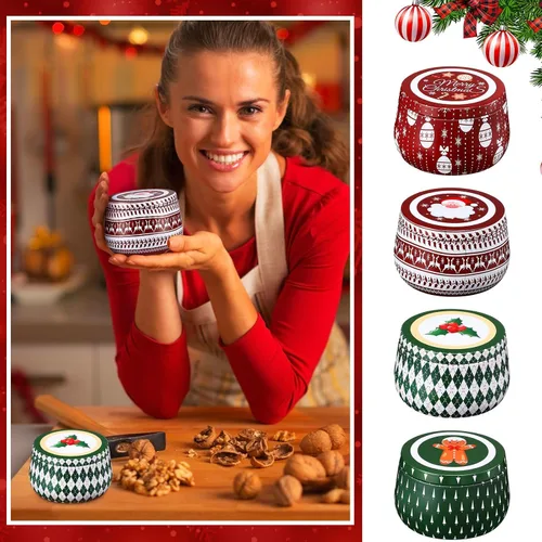Miniatura 5 de Uiifan 48 latas de velas de Navidad, velas de metal para galletas, tarros de lata con tapas, latas retro de 8 onzas, recipientes redondos
