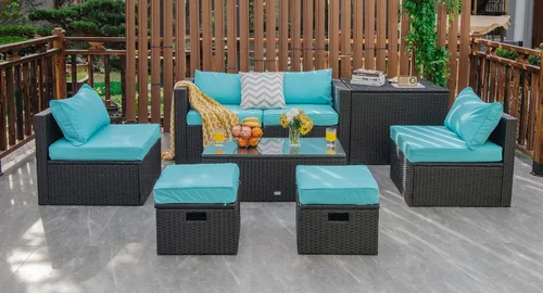 Miniatura 16 de Tangkula Patiojoy - Juego de muebles de patio de 8 piezas, sofá seccional de ratán PE para 6 personas con funda impermeable, para jardín, cubierta